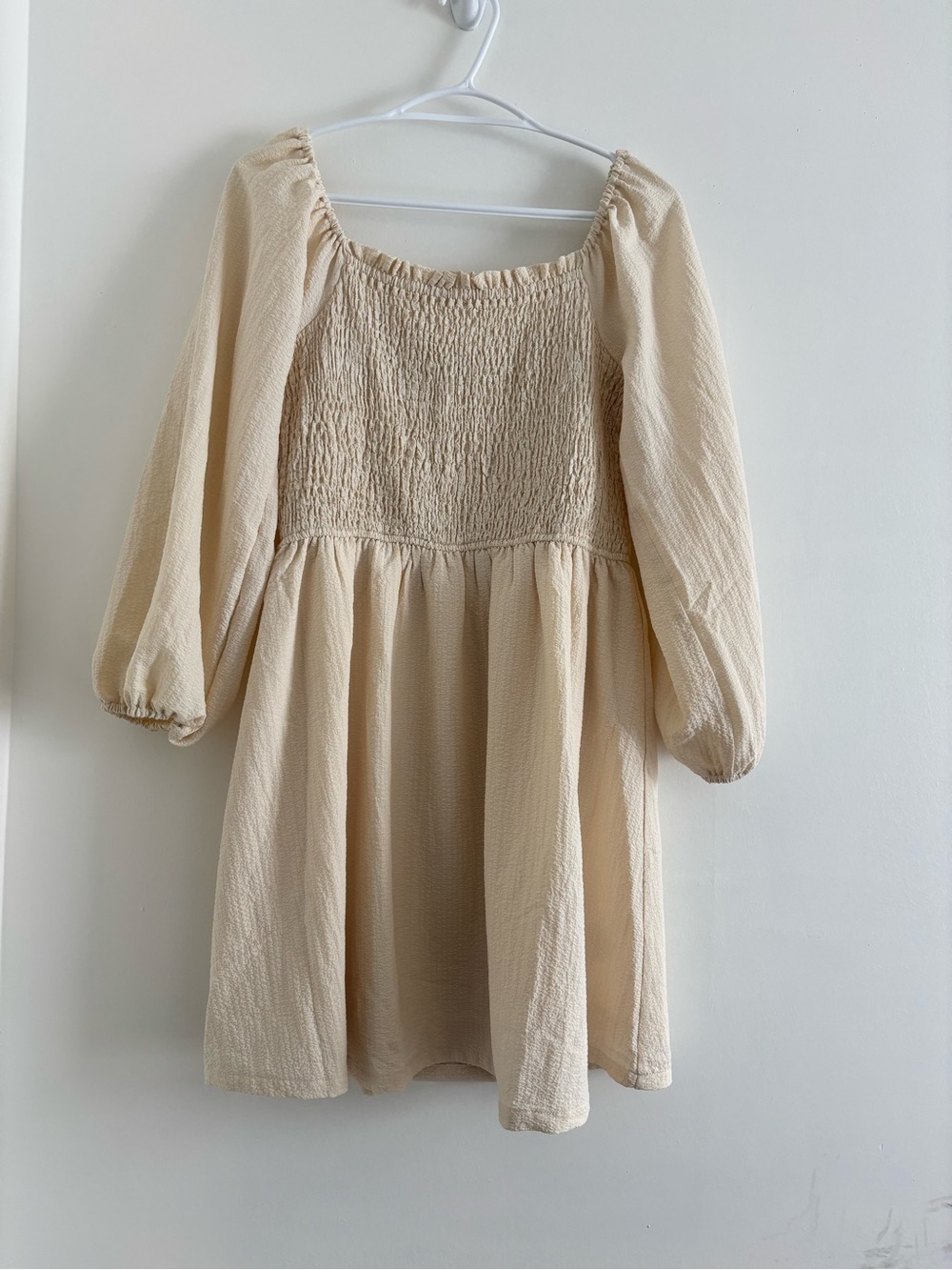 Cream Smocked Short Dress with Puff Sleeves